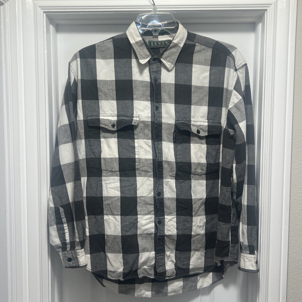 Levi's Sutter Creek Flannel‎ Shirt Mens Size LARGE Gray Plaid Cotton Vintage